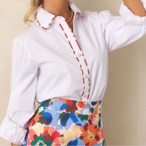 Prosperina Vivian White Cotton Contrast Trim Top, size L, NWT